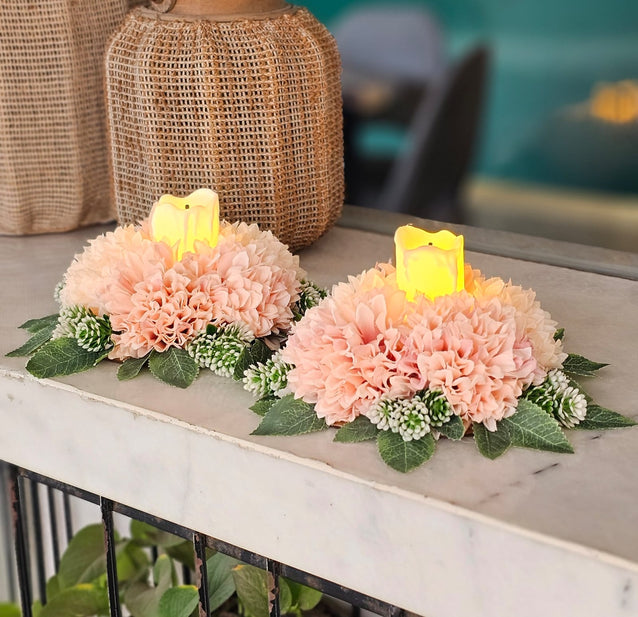 2 Pcs Artificial Flower Candle Holders with LED Tealight for Diwali 2025 | Petal Green Indian Center Table Decor